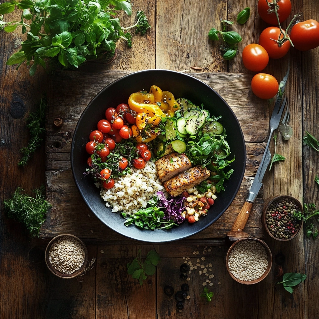 Збалансований обід з свіжими овочами та злаками